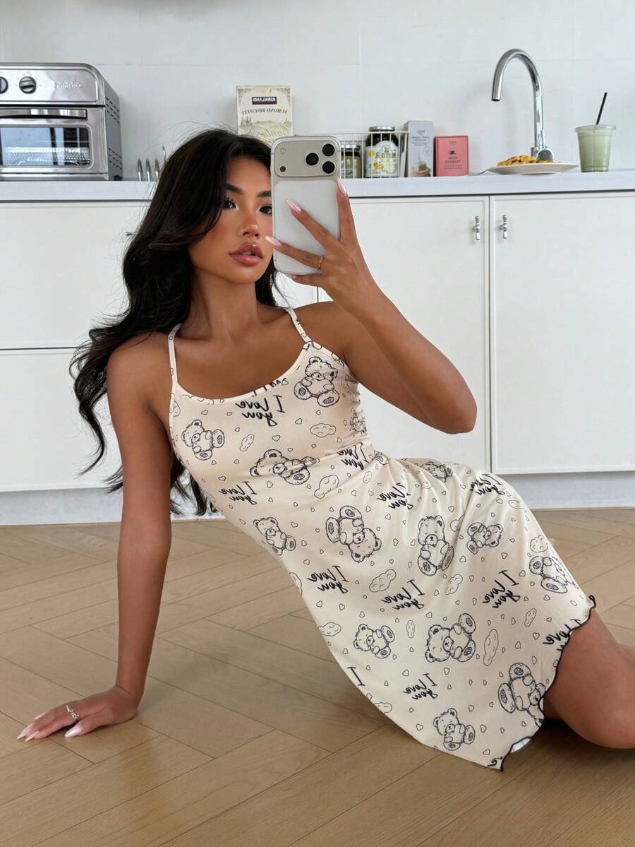 ZzzCrew 卡通熊印花女士吊带睡裙 - 杏色 - 查看 1