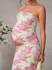 SHEIN Đầm bầu maxi in họa tiết có xẻ tà, thanh lịch - Hồng - Xem 7