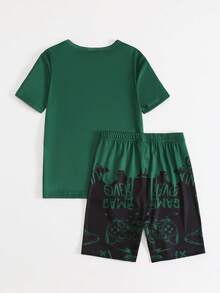2 pièces Ensemble de pyjama ajusté pour garçons, tenue de détente d'été avec Top à col rond et manches courtes et short assorti, vert foncé avec imprimé graphique de console de jeu vidéo numérique noir sur un tissu en maille stretch doux - Vert - Voir 2