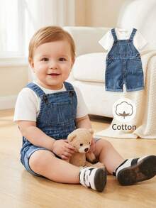 SHEIN Playful Pals 男婴复古水洗牛仔背带裤，夏季新品。时尚休闲风，深蓝色复古牛仔面料，大口袋设计，做旧水洗效果。轻盈柔软的棉质牛仔面料，穿着舒适亲肤。时尚男童必备单品，适合日常休闲穿着、拍照、外出、派对、音乐节、度假等各种场合。 - 深色水洗藍 - 查看 3