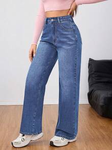 Rivivi Women's Solid Color Pocket Button Zipper Casual Denim Jeans - Medium Wash - View 6