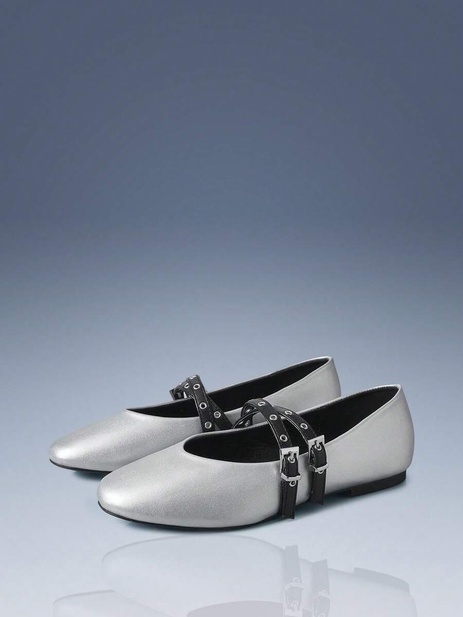 CUCCOO GRLICON Giày nữ, giày cao gót có khóa cài, kiểu dáng thanh lịch, đế bằng. - Bạc - Xem 1