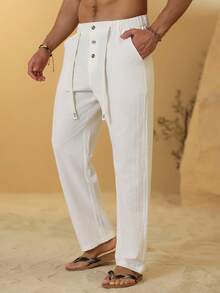 VENTUSAIL Men's Solid Color Drawstring Waist Linen Casual Pants - White - View 5