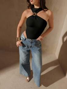 Glamine 女士纯色金属装饰时尚性感连体衣 - 黑色 - 查看 2