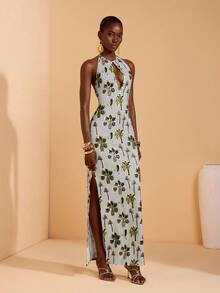 JIAN LASALA Đầm maxi nữ in họa tiết toàn thân, cổ yếm, buộc dây, hở lưng, thanh lịch, thích hợp cho đám cưới và tiệc tùng. - Nhiều màu - Xem 4