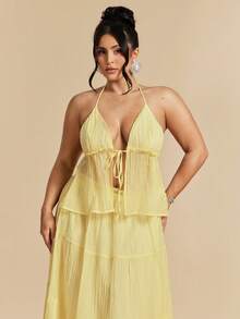 SHEIN BAE Plus Size Brown Summer Boho Beach Holiday 2 Pieces Set, Backless Tie Strap Top Low Waist Skirt, Textured Pleated Suit, Festival Outfits For Women, Y2k - Yellow - View 3