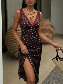 Pariaura 2026新款女士波点缎面吊带连衣裙，蕾丝边饰，V领无袖开衩长裙，优雅春夏度假约会晚宴长裙 - 酒紅色 - 查看 4