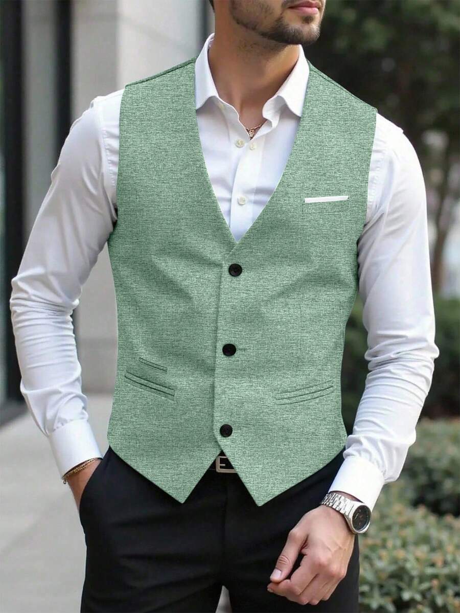 Manfinity Mode 男士單排扣西裝背心,鼠尾草綠正式禮服適用於婚禮,商務休閒西裝背心,秋季時尚無袖馬甲適用於日常穿著、典禮 - 綠色 - 查看 1