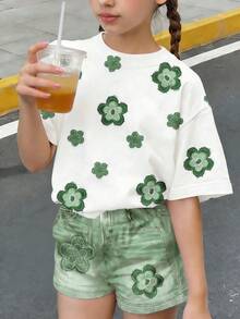 Vintage Floral Graphic Tween Girl Casual Crew Neck Short Sleeve T-Shirt And Shorts 2-Piece Set, Suitable For Spring/Summer Daily, Home, School Wear - Multicolor - View 5