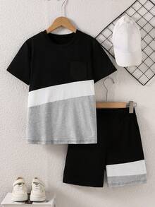 Vacaura 2pcs/Set Boys' Casual Colorblock Round Neck T-Shirt Set, Comfortable And Fashionable For Daily, School, And Sports Wear - Black - View 7