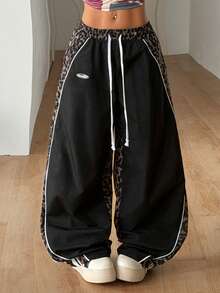 Coolane Black Woven Leopard Print Patchwork Drawstring Loose Women Pants - Black - View 5