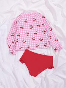 SHEIN Đồ bơi dài tay cho bé gái, đồ bơi dài tay bằng vải dệt kim họa tiết kẻ caro anh đào dễ thương, thiết kế thời trang giản dị thanh lịch, thích hợp cho bơi lội, kỳ nghỉ hè, bãi biển, hồ bơi, tiệc tùng. Bộ đồ bơi dài tay, đồ bơi hai mảnh cho bé gái, đồ bơi chống nắng cho bé gái, đồ bơi kẻ caro anh đào. - Đỏ - Xem 6