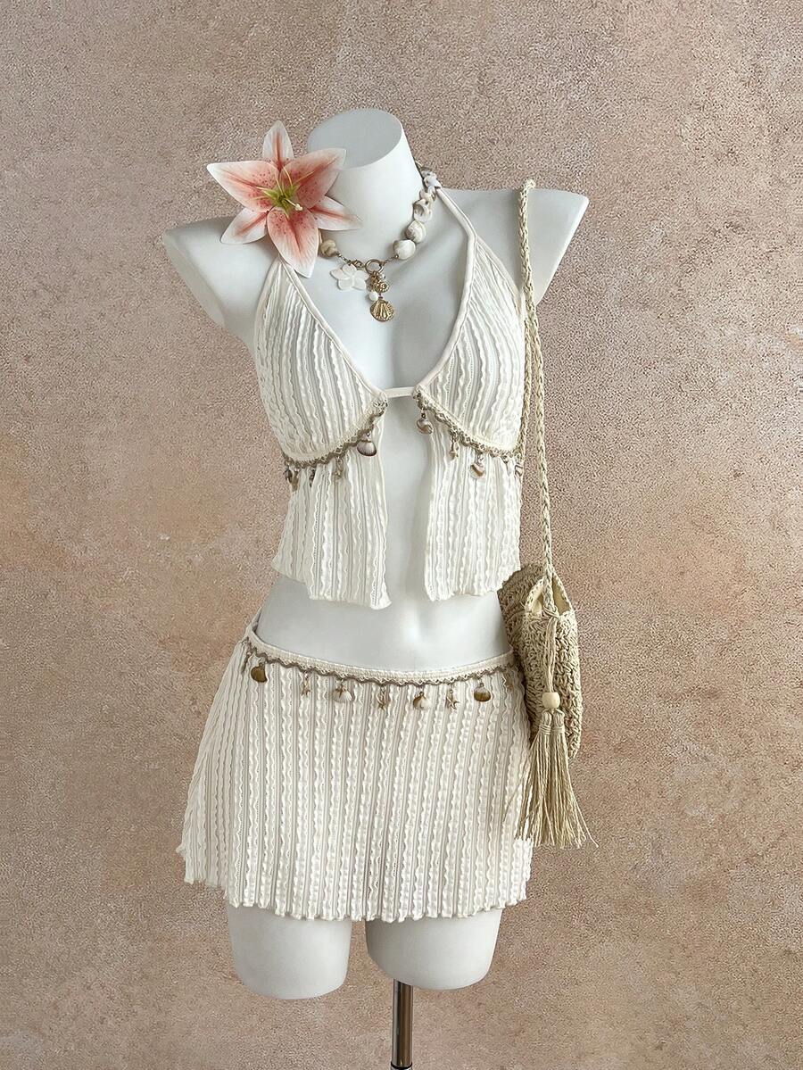 Elamini 岛屿度假风条纹海星贝壳装饰女士吊带背心和迷你裙两件套 - 杏色 - 查看 1