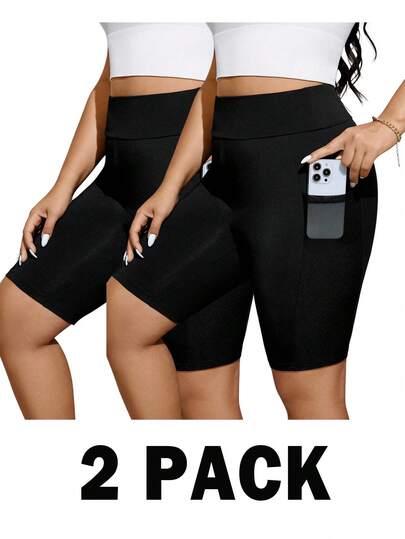 SHEIN Essnce Plus-Size Women's Spring/Summer Fashionable Casual High-Elasticity Comfortable Everyday Basic Versatile Slimming Black Motorcycle Shorts 2 Pack,Summer Clothes,Street Wear,Curve Short Biker Shorts For Women 2 Pack Biker Shorts Shorts With Pockets High Waist Shorts Athletic Shorts Spring/Summer Casual Sport Shorts For Women High Waisted Biker Shorts