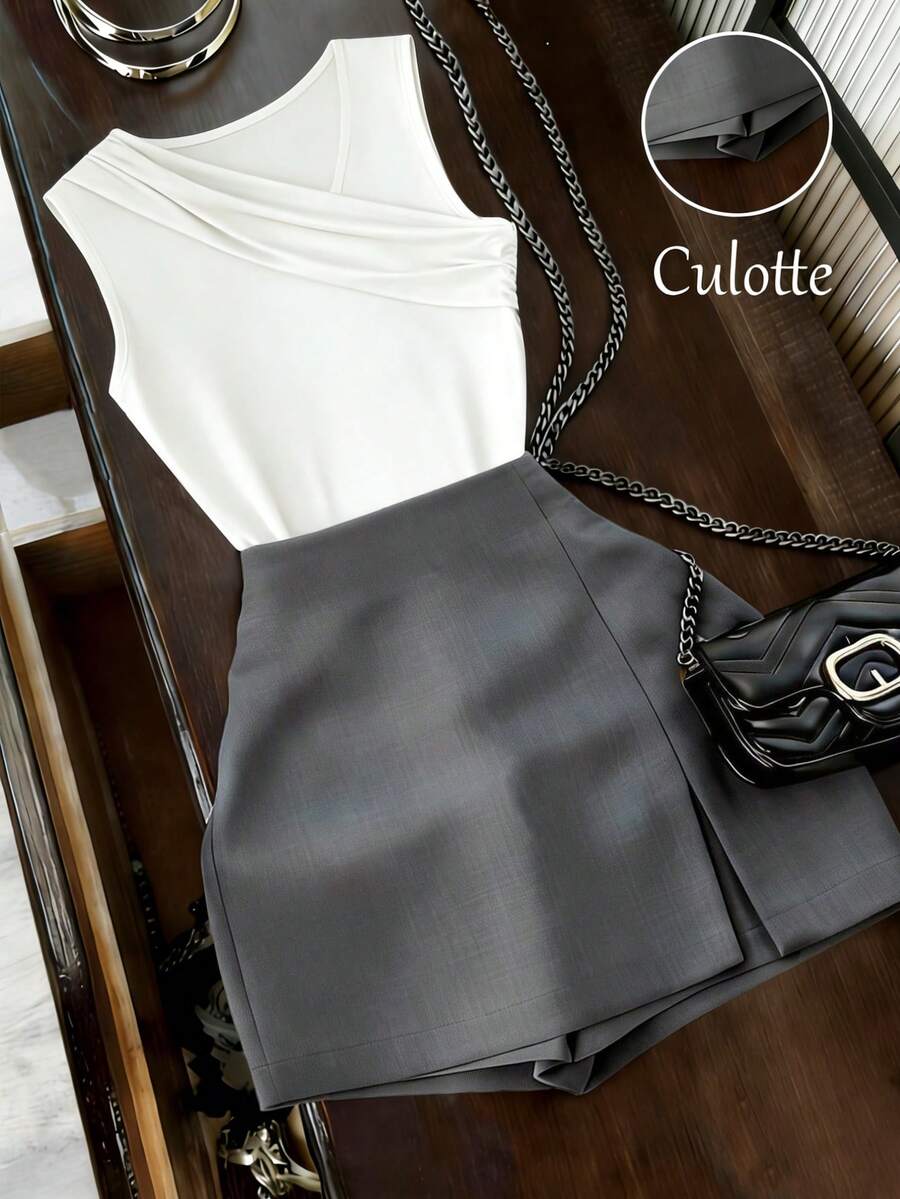 Franclia Bộ đồ cơ bản 2 món: Áo trắng ôm sát cổ tròn không tay + Quần ống rộng xẻ eo màu xám. - Nhiều màu - Xem 1