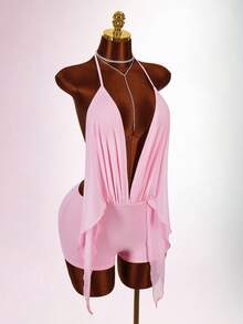 Amplova New Vacation Exaggerated Plunging Neckline Bodycon Jumpsuit For Women - Pink - View 7