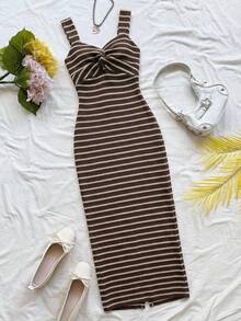Soleia Đầm midi kẻ sọc dáng suông thoải mái cho nữ mùa hè - Màu Khaki - Xem 5