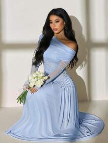 SHEIN PETITE Nouvelle robe style asymétrique à épaulette, manches longues, maille contrastée avec broderie, ourlet asymétrique, coupe slim et élastique, élégante et romantique - Bleu azur - Voir 5