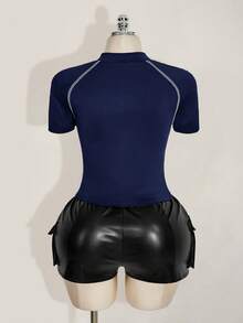 SHEIN ICON 大码女式拉链短袖休闲镂空T恤 - 藏蓝色 - 查看 2