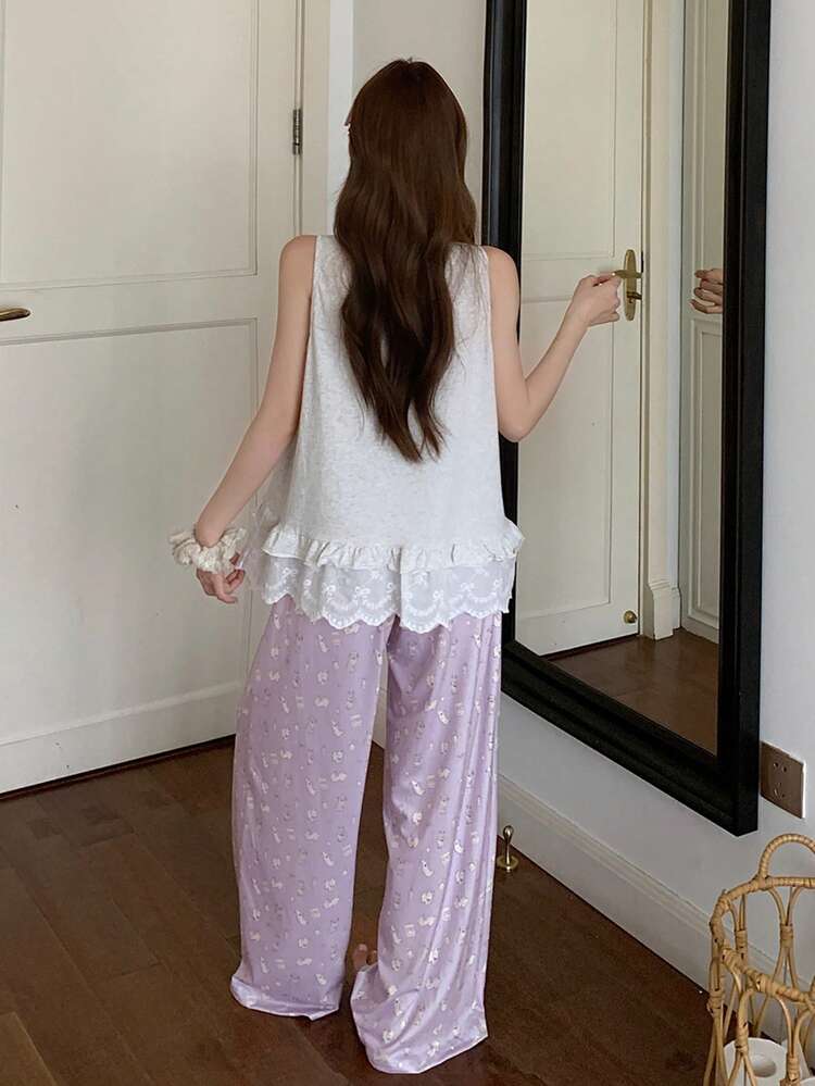 2pcs/Set Cute Bear Cartoon Print Lace Patchwork Round Neck Sleeveless Loose Straight Long Pants Pajama Set, Comfortable Summer Loungewear For Women