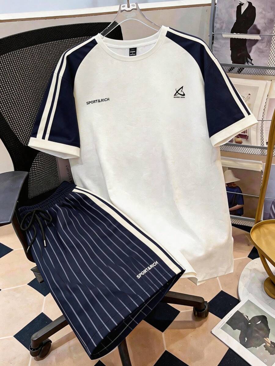Manfinity Joysei Bộ áo thun ngắn tay cổ tròn ôm sát người và quần short nam phối màu tương phản - Nhiều màu - Xem 1