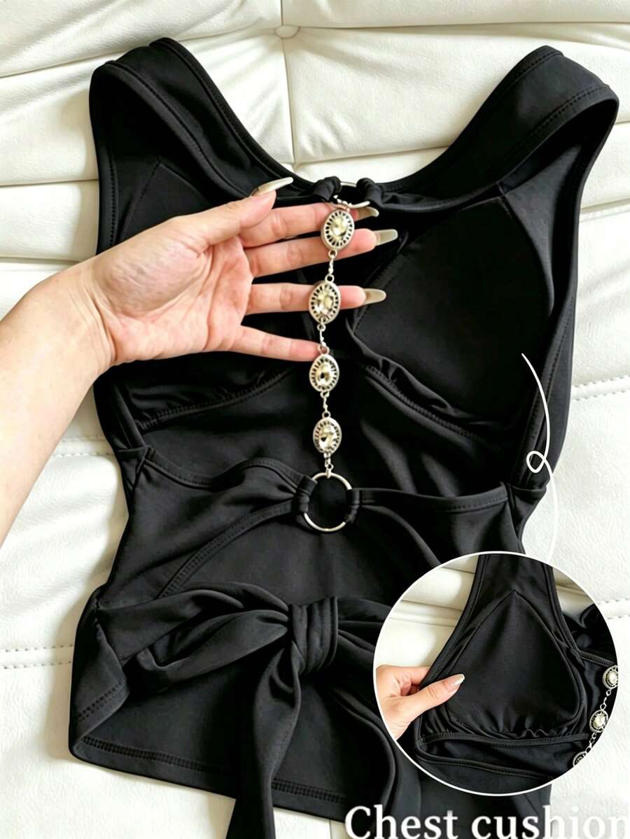 Franclia Women's Casual Backless Chain Decor Padded Camisole Top - Black - View 1