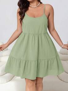 Solflare Olive Green Plus Size Women's Ruffle Hem Vacation Dress, Spring/Summer - Olive Green - View 3