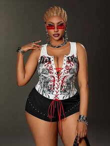 Maweii Blusa corta con cuello halter, espalda descubierta y estampado gráfico sexy, adecuada para uso diario, vacaciones y fiestas, tallas grandes para mujeres - Blanco - Ver 4