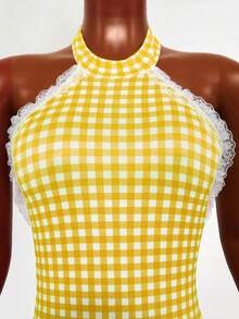 Mistrie Bộ áo liền quần hở lưng kẻ caro dành cho nữ - Vàng nhạt - Xem 3