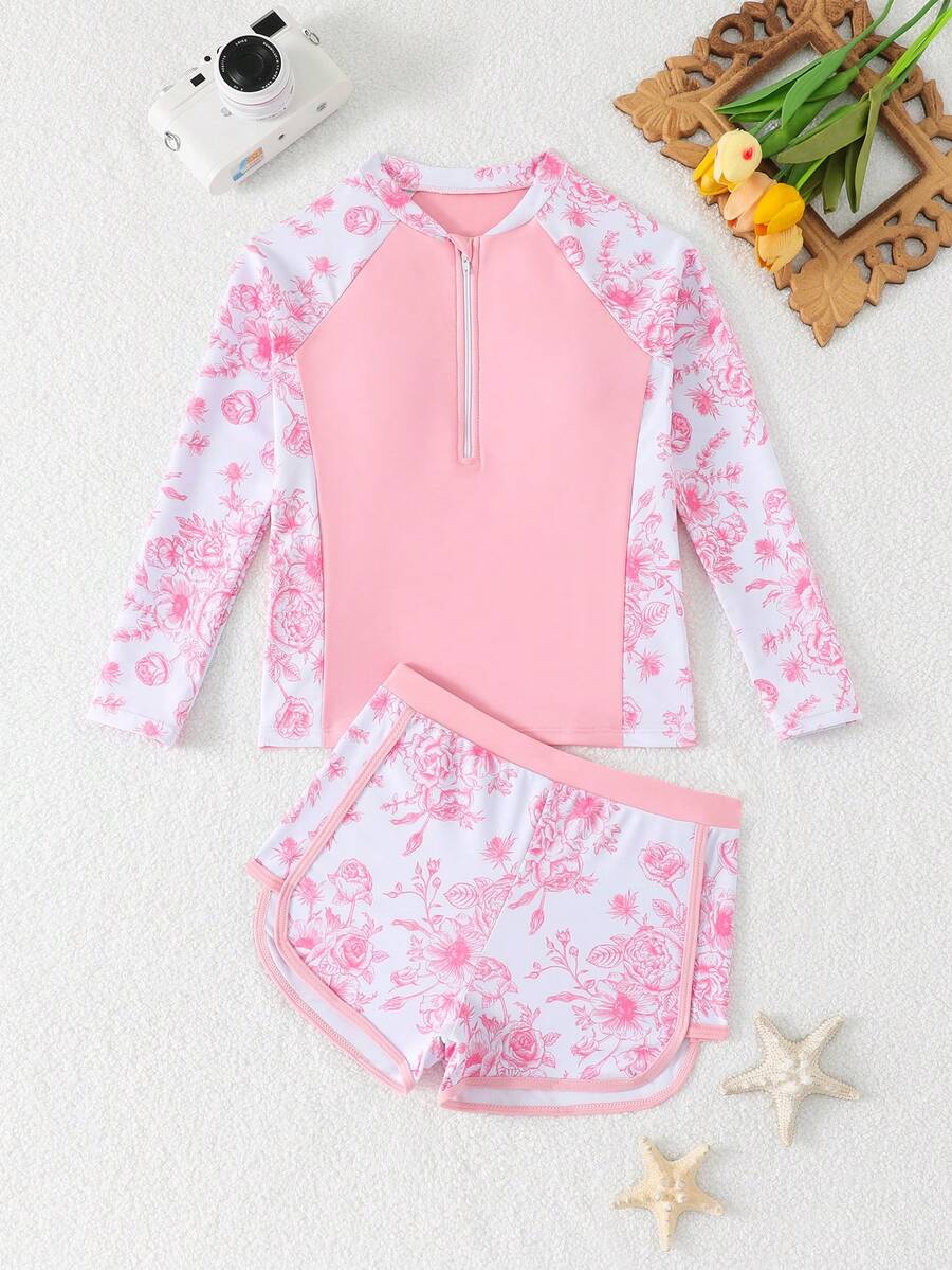 SHEIN 少女比基尼套装,印花吊带露脐上衣,前拉链设计,经典领口和插肩袖,搭配印花短裤,针织面料,时尚休闲,优雅大方,适合游泳、夏季度假、海滩、泳池、派对等场合。 - 淺粉色 - 查看 1