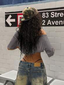 StreetHx 女士时尚多色字母印花不对称肩短T恤 - 彩色 - 查看 2