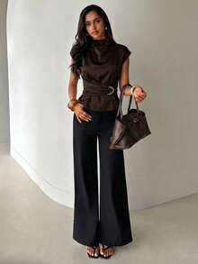 Aloruh 女士休闲优雅衬衫，通勤衬衫，杏色衬衫，夏季户外衬衫，金属扣腰衬衫 - 咖啡棕 - 查看 5