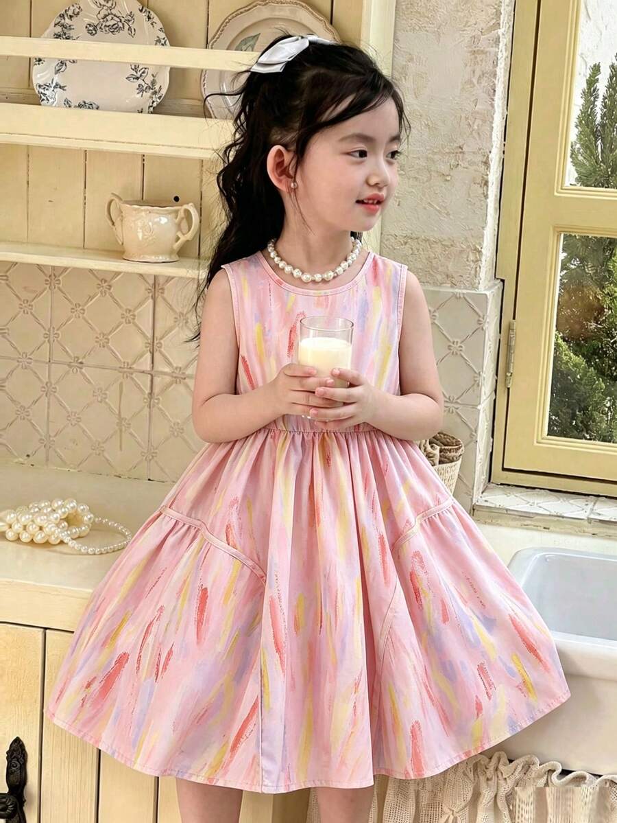 Vestido sin mangas con estilo de pintura campestre para niña, adecuado para salidas diarias, vacaciones y recreación - Rosa - Ver 1