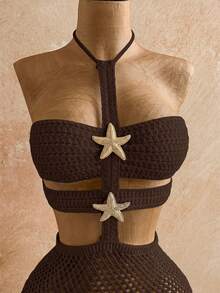 Nuevo vestido de punto mini ajustado con cuello halter, cintura con lazo, diseño hueco de estrella de mar y flecos en el bajo, estilo bohemio, para vacaciones, vintage, playa, crucero - Café integral - Ver 5