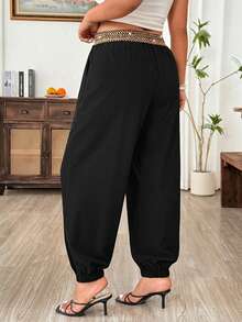 Weeklong Plus Size Women's Elegant Casual Vintage Design Gold Elastic Waist Patchwork Black Loose Harem Pants For Summer - Black - View 2