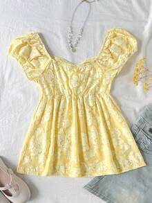 SHEIN Tween Girls' Jacquard Knotted Ruched Casual Versatile Daily Wear Blouse - Yellow - View 2