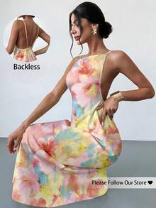 Vestido de verano suelto con estampado floral, tirantes finos y espalda descubierta, para vacaciones y días festivos, color amarillo mantequilla, vestidos de verano para mujer - Multicolor 2 - Ver 4