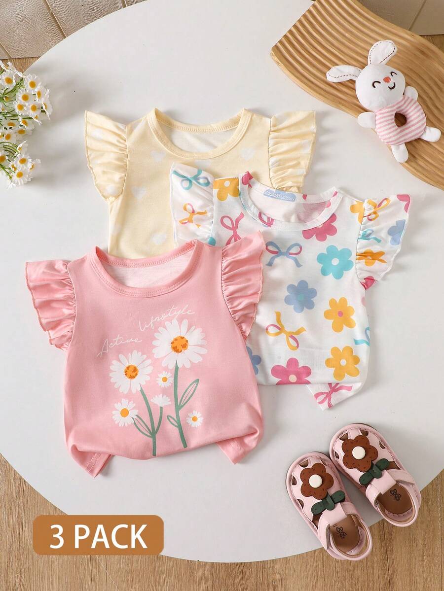 SHEIN Gentle Purple Stripe, 3D Bow Pattern, Young Girl Casual Simple Versatile Round Neck Cap Sleeve T-Shirt 1pc Suitable For Spring/Summer Daily Wear, - Multicolor - View 1