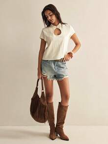 Easelle Áo sơ mi nữ cổ tàu cài nút kiểu retro casual cổ giọt nước - Màu vàng - Xem 3