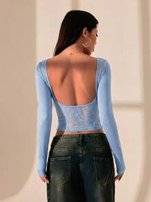 SHEIN PETITE Top T-shirt dos nu avec couture en dentelle pour femmes. Tenue sexy pour rendez-vous, convient pour l'été. ,Femmes de petite taille - Bleu gris - Voir 6