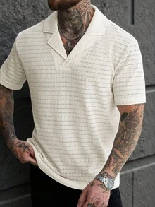 Manfinity Homme Men's Textured Collar Polo Shirt, Casual Daily Lightweight Minimalist Short Sleeve Waffle Shirt Men T Shirt For Men Polo/Mens Lightweight Knit Polo Shirt Cream Textured Fabric Short Sleeve V Neck Collar For Effortless Style - Beige - View 5