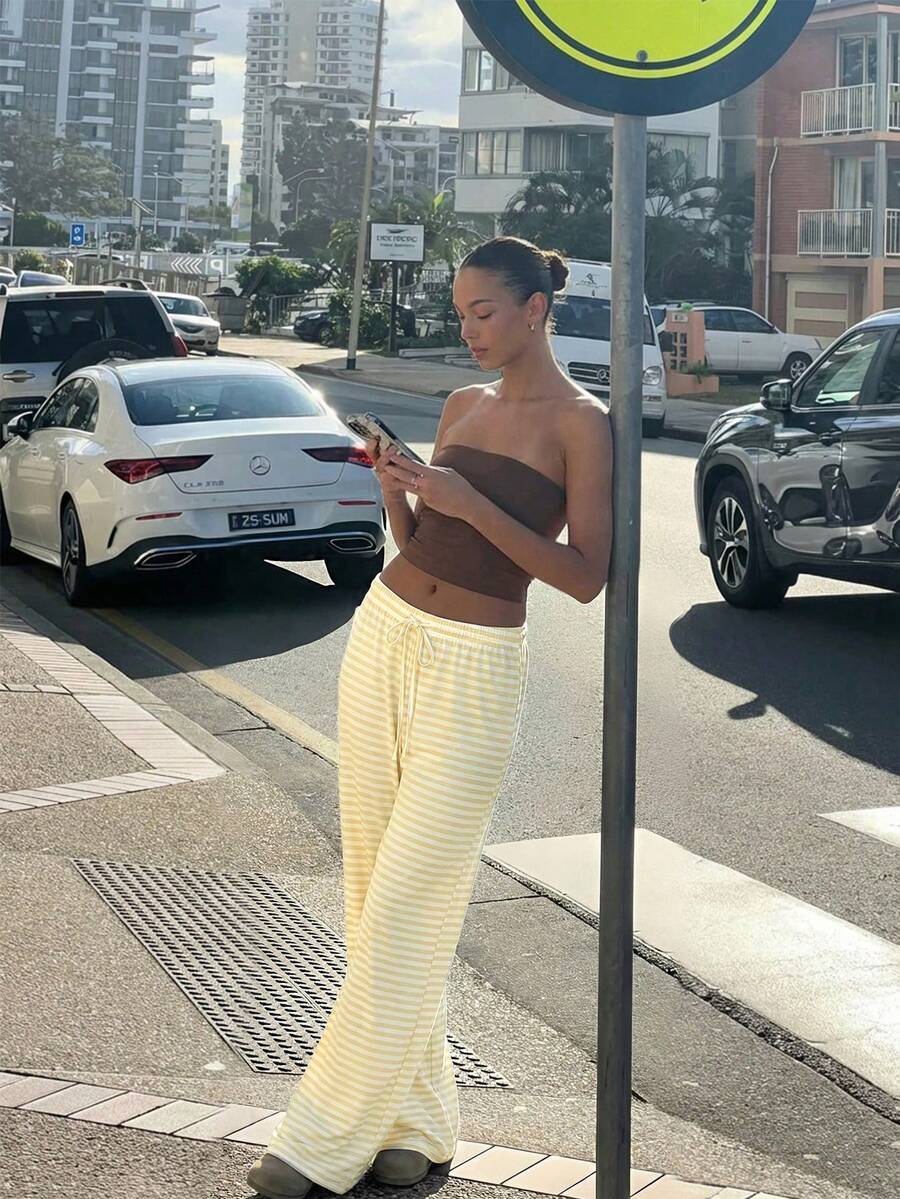Fluxe Women's Striped Drawstring Waist Casual Versatile Daily Wear Wide Leg Pants Summer Outfits Summer Outfits Beach Outfits Casual Sets For Women Holiday Outfits Women's Sportswear Workout Sets For Women Yellow Striped Pants