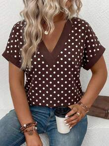 EMERY ROSE 新款大码女式休闲百搭V领波点巧克力色短袖T恤 - 彩色 - 查看 3
