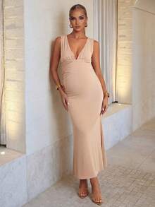 MaterniChic Maternity Dress For Gender Reveal Party, Summer Elegant Peach Solid Color Deep V-Neck Cross-Back Fitted Silhouette High Elastic Comfortable - Apricot - View 1