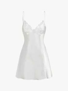 Bisouelle 四件套睡衣套装：刺绣V领缎面吊带裙、吊带背心、短裤和浴袍，新娘内衣套装，秋冬服装 - 白色 - 查看 4