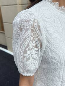 Solivie 女士优雅纯色刺绣迷你连衣裙，夏季 - 白色 - 查看 8