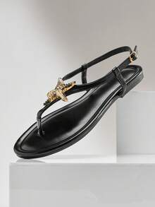VACAZURE SeaGleam Women's Metallic Starfish Decor Pu Black T-Strap Sandals – Chic, Beachy & Comfortable. - Black - View 6