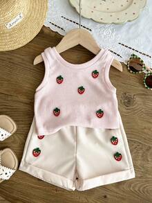 SHEIN Vintaside Kids 2件套女婴夏秋季休闲风无袖草莓装饰上衣和短裤 - 粉色 - 查看 1