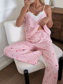 CottageSlumber Conjunto de pijama de camiseta de tirantes y pantalones con estampado de corazón a rayas y encaje en contraste para mujer, primavera/verano - Multicolor - Ver 3