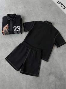 PAVTROS Camisa de manga corta con patrón numérico y pantalones cortos para hombre, conjunto casual diario - Negro - Ver 2